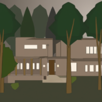 una casa  en un bosque oscuro