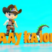 Chibi baby disney, with brown eyes, in cowboy suit and sly smile, with standing on top of the text 