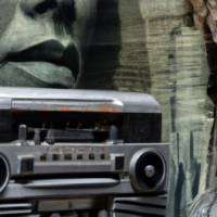 A boombox reflecting the surroundings in a cave, Painting by H.R. Giger, Closeup