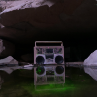 A boombox reflecting the surroundings in a cave